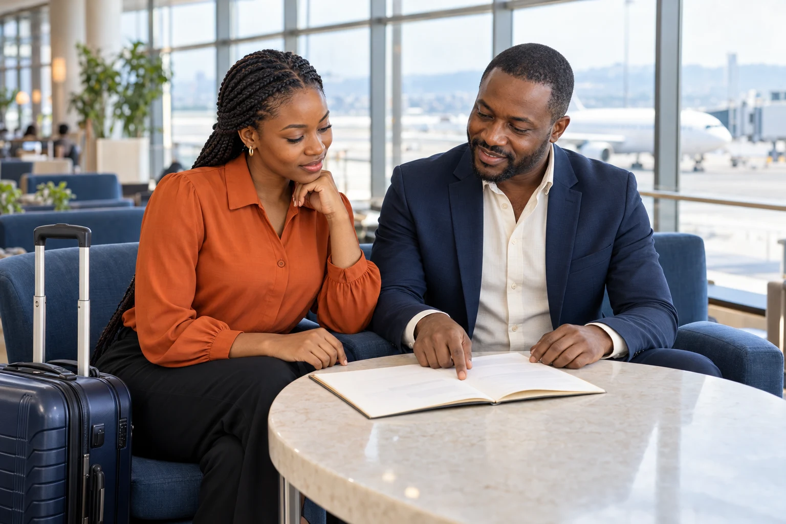 Illustrative scene of two travellers reviewing travel plans at an airport